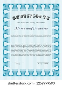 Light blue Diploma template or certificate template. With linear background. Money Pattern design. Vector illustration. 