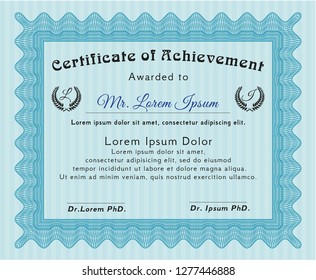 Light blue Diploma template or certificate template. With complex linear background. Detailed. Elegant design. 