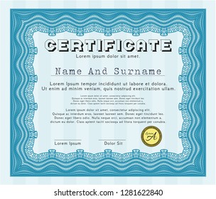 Light blue Diploma template or certificate template. Vector illustration. With complex background. Lovely design. 