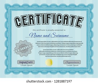 Light blue Diploma template or certificate template. Money Pattern design. With great quality guilloche pattern. Vector illustration. 