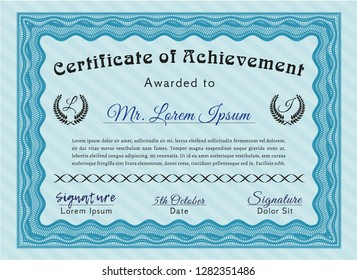 Light blue Diploma template or certificate template. Detailed. Complex background. Money Pattern design. 