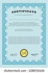 Light blue Diploma template or certificate template. Money Pattern. Detailed. Complex background. 