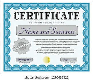 Light blue Diploma template or certificate template. Money style design. Detailed. With quality background. 