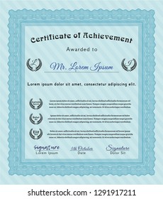 Light blue Diploma template or certificate template. With guilloche pattern and background. Vector illustration. Artistry design. 