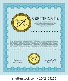 Light blue Diploma template or certificate template. Customizable, Easy to edit and change colors. With complex linear background. Retro design. 