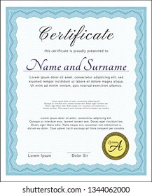 Light blue Diploma template or certificate template. With background. Retro design. Detailed. 