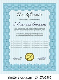 Light blue Diploma template or certificate template. Detailed. With linear background. Money design. 
