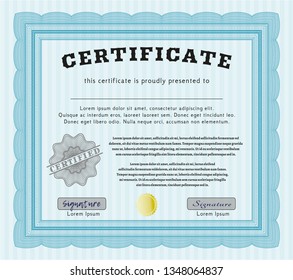 Light blue Diploma template or certificate template. Printer friendly. Customizable, Easy to edit and change colors. Artistry design. 
