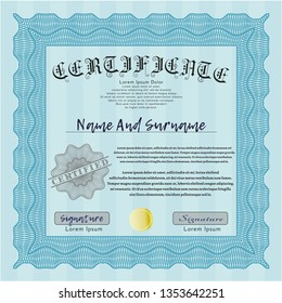 Light blue Diploma template or certificate template. Complex background. Vector illustration. Cordial design. 