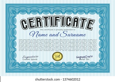 Light blue Diploma template or certificate template. With complex linear background. Vector illustration. Lovely design. 