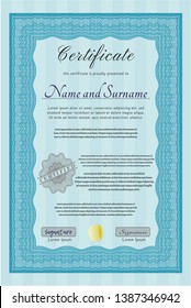 Light blue Diploma template or certificate template. Detailed. Complex background. Nice design. 