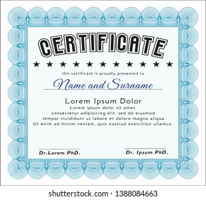 Light blue Diploma template or certificate template. Perfect design. Detailed. Easy to print. 