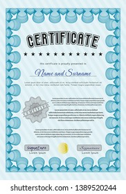 Light blue Diploma template or certificate template. With guilloche pattern and background. Vector illustration. Lovely design. 