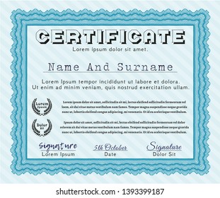Light blue Diploma template or certificate template. With complex linear background. Cordial design. Vector illustration. 