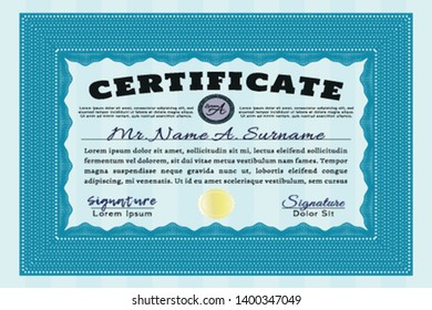 Light blue Diploma template or certificate template. Superior design. Detailed. With background. 