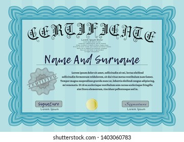 Light blue Diploma template or certificate template. Complex background. Nice design. Customizable, Easy to edit and change colors. 