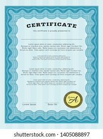 Light blue Diploma template or certificate template. Complex background. Vector illustration. Money Pattern design. 
