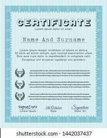 Light blue Diploma template or certificate template. Detailed. With great quality guilloche pattern. Beauty design. 