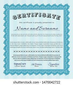 Light blue Diploma template or certificate template. With great quality guilloche pattern. Cordial design. Detailed. 