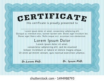 Light blue Diploma template or certificate template. Modern design. With quality background. Detailed. 