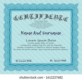 Light blue Diploma template or certificate template. Good design. With guilloche pattern and background. Customizable, Easy to edit and change colors. 