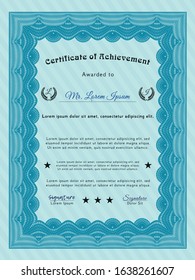 Light blue Diploma template or certificate template. Excellent design. With complex linear background. Vector illustration. 