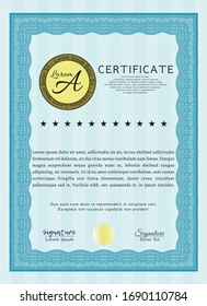 Plantilla o plantilla de certificado de diploma azul claro. Diseño estilo dinero. Con un patrón de guilloche de gran calidad. Personalizable, Fácil de editar y cambiar de color. 