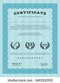 Light blue Diploma template or certificate template. Complex background. Perfect design. Detailed. 
