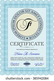 Light blue Diploma template or certificate template. Artistry design. With quality background. Vector pattern that is used in money and certificate. 