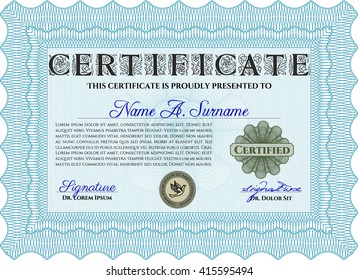 Light blue Diploma template or certificate template. With quality background. Artistry design. Vector pattern that is used in money and certificate. 