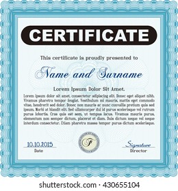 Light blue Diploma template or certificate template. With quality background. Vector pattern that is used in money and certificate. Beauty design. 
