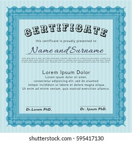 Light blue Diploma template or certificate template. Elegant design. Customizable, Easy to edit and change colors. With guilloche pattern. 