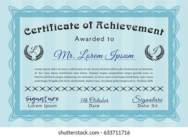 Light blue Diploma template or certificate template. With complex background. Detailed. Cordial design. 