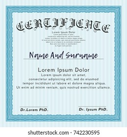 Light blue Diploma template or certificate template. Detailed. Easy to print. Superior design. 