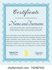 Light blue Diploma template or certificate template. Money Pattern design. With guilloche pattern. Detailed. 