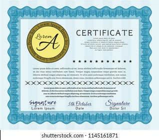 Light blue Diploma template. Complex background. Vector illustration. Excellent design. 