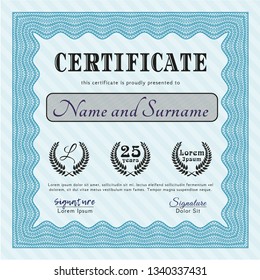 Light blue Diploma template. Complex background. Retro design. Detailed. 