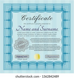 Light blue Diploma template. With complex background. Cordial design. Detailed. 