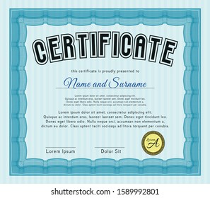Light blue Diploma template. Complex background. Sophisticated design. Detailed. 