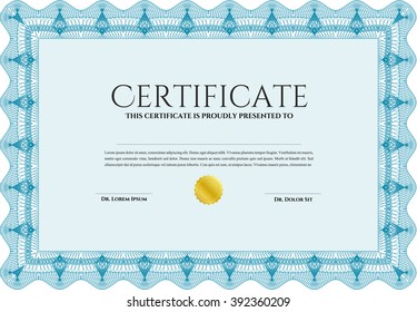 Light blue Diploma template. With complex background. Vector illustration. Lovely design. 