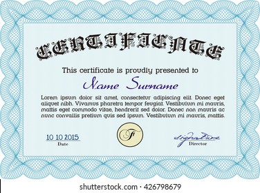 Light blue Diploma template. With complex background. Vector illustration. Excellent design. 