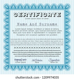 Light blue Diploma template. Cordial design. Printer friendly. Vector illustration. 
