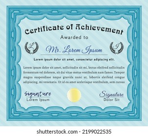 Light blue Diploma template.  Cordial design.  With great quality guilloche pattern.   