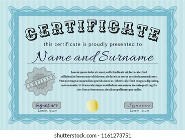 Light blue Diploma template. Customizable, Easy to edit and change colors. With guilloche pattern and background. Superior design. 
