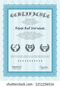 Light blue Diploma template. Customizable, Easy to edit and change colors. With great quality guilloche pattern. Money Pattern. 