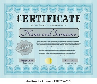 Light blue Diploma template. Customizable, Easy to edit and change colors. Printer friendly. Elegant design. 