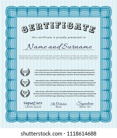 Light blue Diploma template. Detailed. With complex linear background. Beauty design. 