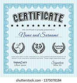 Light blue Diploma template. Detailed. Complex background. Retro design. 