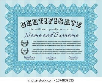 Light blue Diploma template. Detailed. Printer friendly. Sophisticated design. 