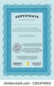 Light blue Diploma template. Easy to print. Customizable, Easy to edit and change colors. Perfect design. 